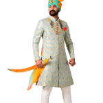 Handmade Sky Blue Gold Maharaja Style Brocade Silk Sherwani | Jaipurio